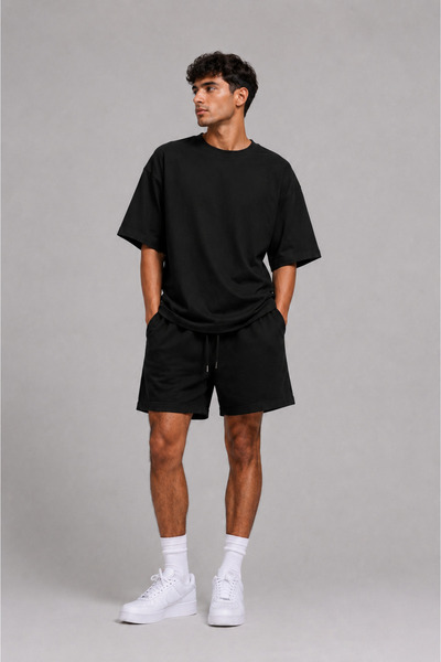 ARMHEM Solid Black T-Shirt and Shorts Set, Loose and Comfortable, Plus Size.