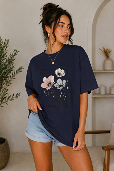 FECCY Tricou oversize pentru femei cu imprimeu Premium Flowers, din bumbac