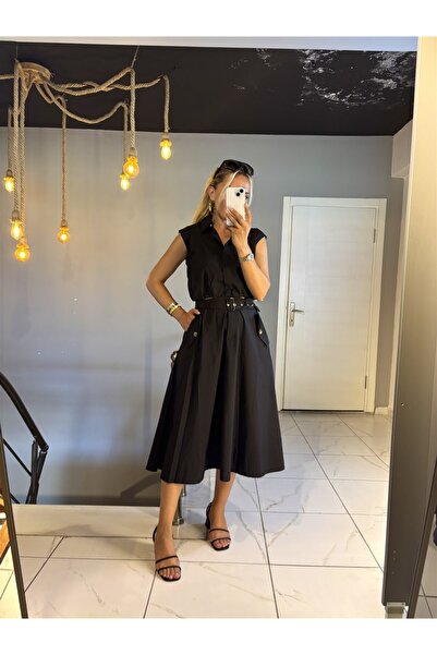 Gözde Tasarım Butik Women's Black Belted A-Line Skirt with Flared Pockets, Mi...