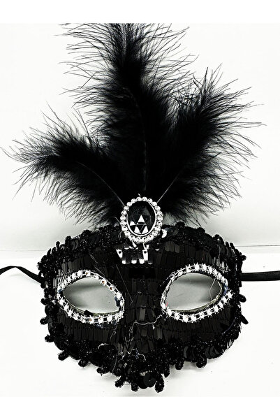 OSKA GLOBAL Black Color Sequined Feather Party Mask 17X20 cm