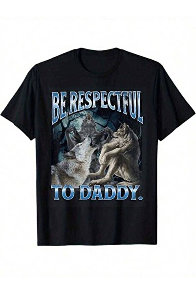 23ERVA تي شيرت مضحك بتصميم ذئب ويرولف ميم - Be Respectful To Daddy Cringe - مقاسات S-XXXL، أسود، هدية للرجال والنساء والعائلة والأصدقاء في الهالوين وعيد الشكر والكريسماس