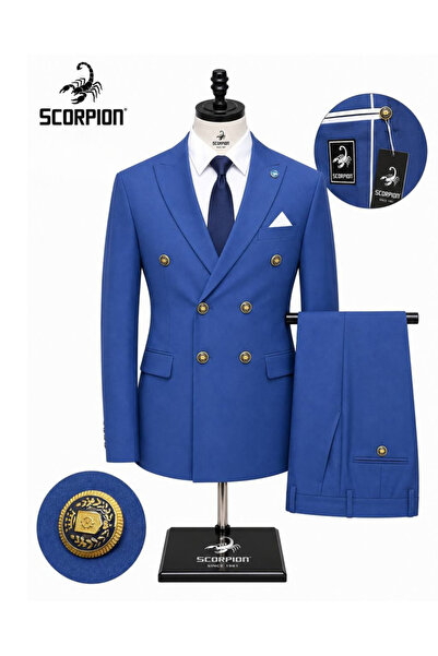 Plus Scorpion Costum bărbați elegant albastru royal, slim fit, sacou dublu cu...