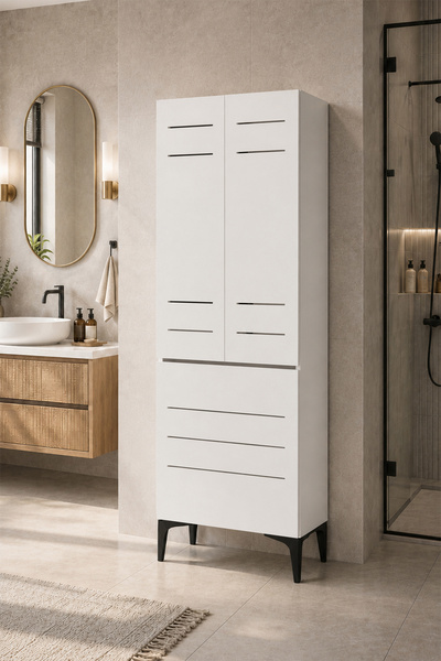 Avmpark Miero Düşer Kapaklı Kirli Sepetli Banyo Dolabı Çok Amaçlı Raflı Çamaşır Dolabı 180x60x42 cm