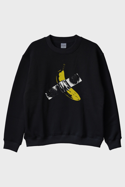 lofux Taped Banana Printed Fun Banana Design Black Crew Neck Sweatshirt