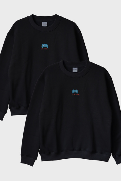 lofux Player 1 and Player 2 Couple Combination Crew Neck Sweatshirt - Valenti...