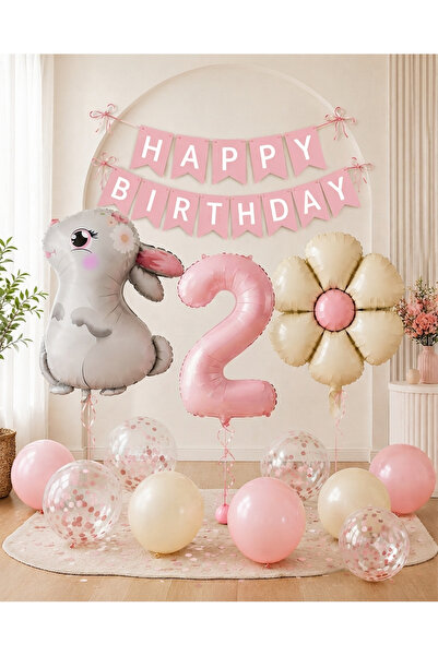 ALYA PARTİ Tavşan Temalı 2 Yaş Doğum Günü Süsleri Seti Pembe Happy Birthday B...