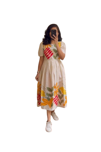 MYSMAR White Floral Printed Cotton Midi Dress - RMD9286 | White-Size:2XL-44-I...