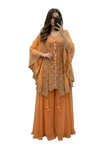 MYSMAR Orange Faux Georgette Kurta Palazzo Set with Sequin Work - HRT8193 | O...
