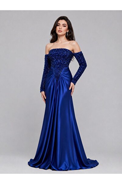 ranin Navy Blue Evening Dress with Beaded Embroidery and Clouche.