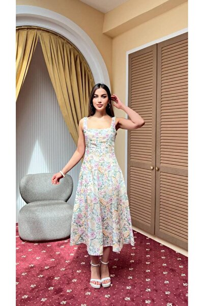 MY GRS Straped Square Neck Digital Linen Dress