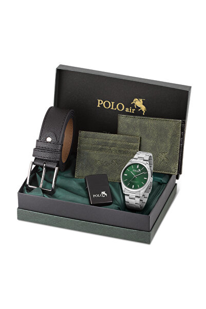 Poloair Klasik Metal Kordon Erkek Kol Saati Cüzdan Kemer Kartlık Çakmaklı Set...