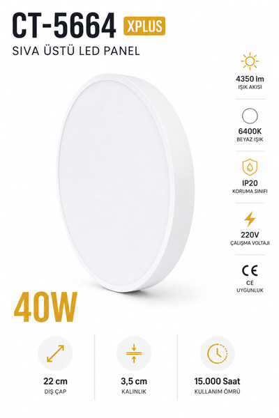 Yenilig CT-5664 XPlus Sıva Üstü LED Panel 40W Beyaz Işık 6400K Yuvarlak LED T...
