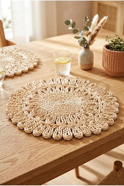 Atbyhome Doğal Rattan Hasır Supla 38 cm - El Örmesi Dantel Kenarlı Yuvarlak A...