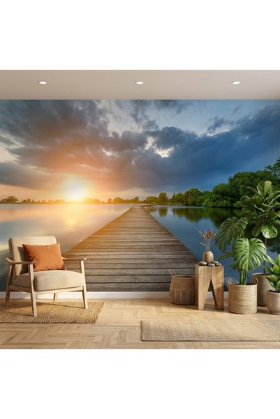 DecorDrive Gün Batımında Göle Uzanan Ahşap İskele Manzaralı Duvar Kağıdı