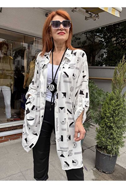 DenizEge Viscose Tunic Geometric White