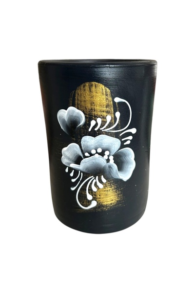 Ceramica Martinescu Vaza ceramica neagra pictata manual cu flori albe, decor ...