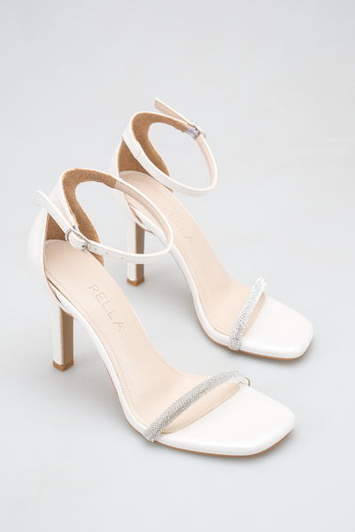 Rella White Stone Bridal Shoes with Ankle Strap and Thin Heels for Wedding, E...