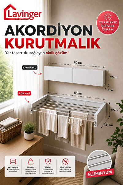 LAVİNGER AKORDİYON Çamaşır Kurutma Askısı Alüminyum Katlanır 6 Borulu Duvara ...