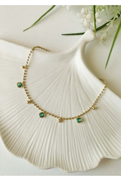 Halley Concept Turquoise Round Stone Detailed Gold Steel Anklet 23+5 cm