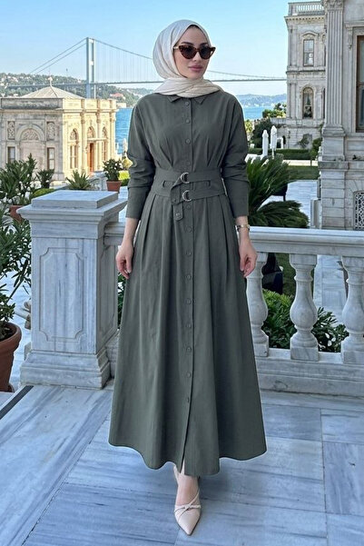 N.S NEVA STYLE Gömlek Yaka Kemerli Açık Haki Tesettür Elbise 30951AHK