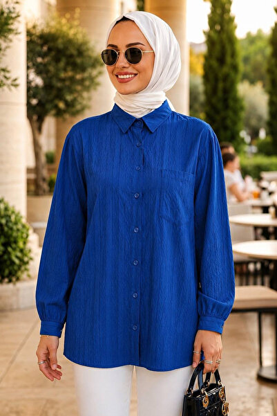 Neva Style Prugasta bambusova saksofon plava hijab košulja 15587SX