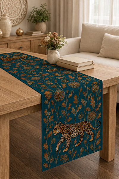 stellahomes Leopard and Floral Patterned Petrol Green Digital Printed Decorat...
