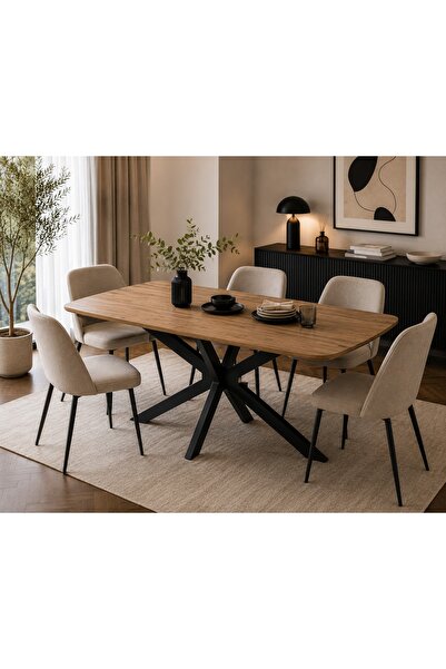 N.zone طاولة طعام مودرن بيضاويةمع قاعدة معدنية هندسية متقاطعة قوية – طاولة سف...