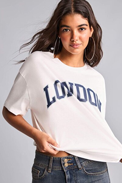 DeFacto 100% Cotton Oversized Boat Neck Printed Short Sleeve T-Shirt I5168Ax26Au