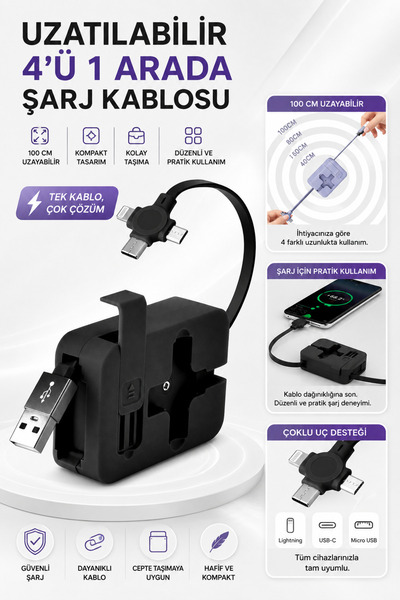 ALL FAST 3’ü 1 Arada Makaralı Şarj Kablosu Type-C Micro USB Lightning Uçlu Te...