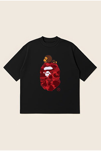 Moon Dancer تي شيرت A Bathing APE مطبوع باللون الأحمر ذو قصة كبيرة الحجم للجن...