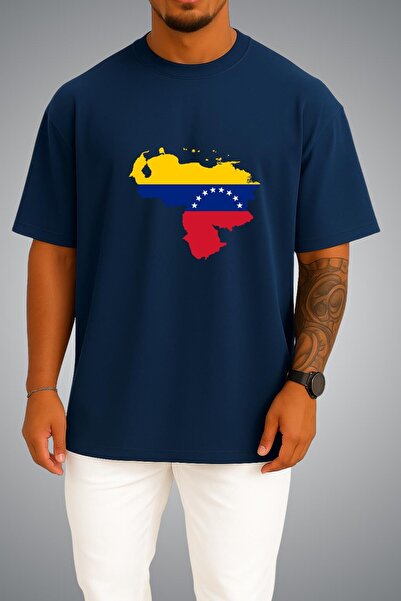 Bahriyeli Collection Oversize Venezuela Flag and Map Chest Printed Unisex T-S...