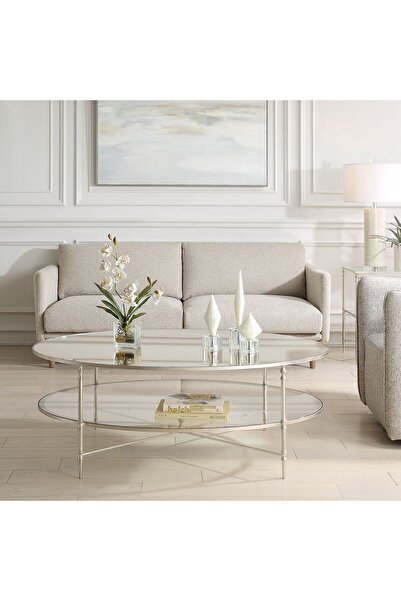UTTERMOST طاولة قهوة بيضاوية فضية اللون من هينزلر، مقاس 93 عرض × 48 ارتفاع × ...