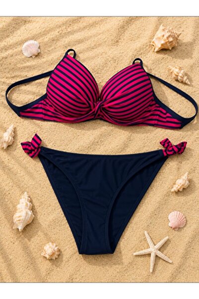 Nobrand Costum de baie damă 2 piese bleumarin cu dungi roz – Sutien push-up ș...