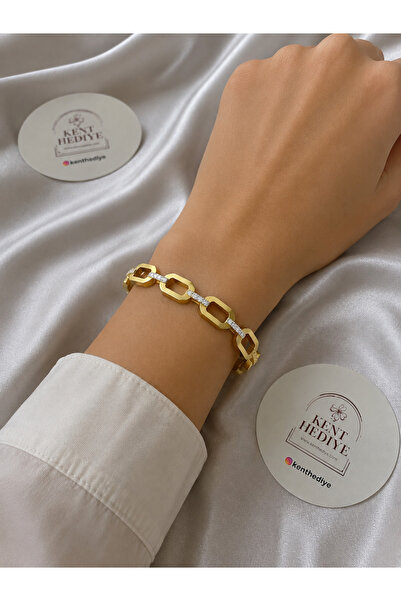 Bymiel Gold Geometric Chain Patterned Steel Handcuff Bracelet with Stone Deta...