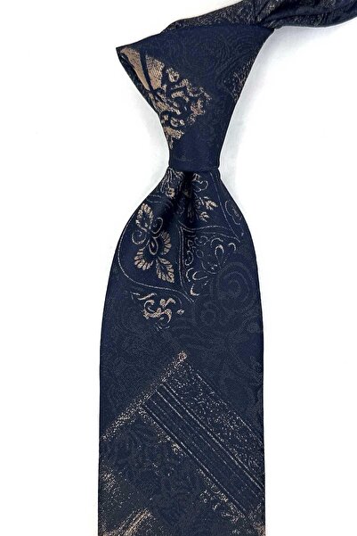 Kravatkolik Navy Blue Beige Motif Pattern Classic Tie with Handkerchief Kk13964