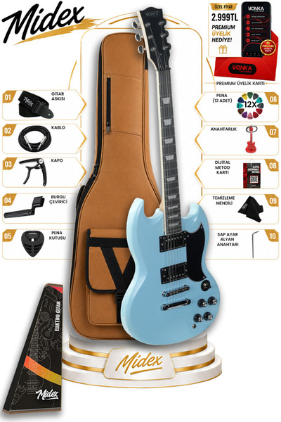 Midex SG-Special-LTB Profesyonel SG Kasa HH Elektro Gitar Seti Turkuaz