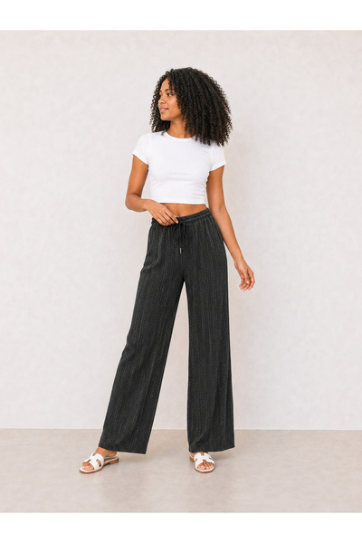 Qett Elastic Waist Lace-Up Loose Comfortable Patterned Wrinkled Trousers