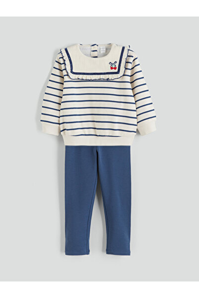 LC Waikiki Collar Detailed Striped Girls' Sweatshirt and Leggings