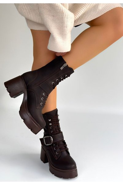rimex sport wear Linma Bitter Brown Leather Laced Heeled Boots
