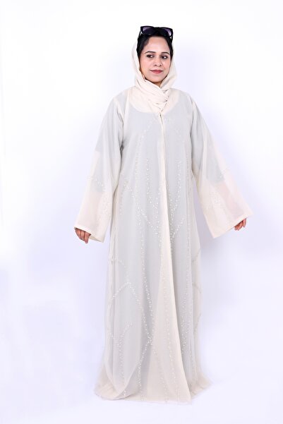 Izzah Bella Elegant Off-White Hand-Embellished Organza Abaya Set with Wavy Se...