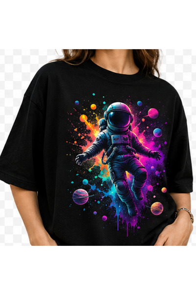 TİMİSİVA Γυναικείο μπλουζάκι με στάμπα Astronaut Oversize Μαύρο DTF Print Βαμ...