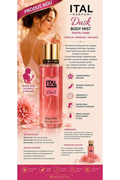İtal Dusk Body Mist 250 ml – Parfum de Corp pentru Femei cu Aromă de Bujor, V...