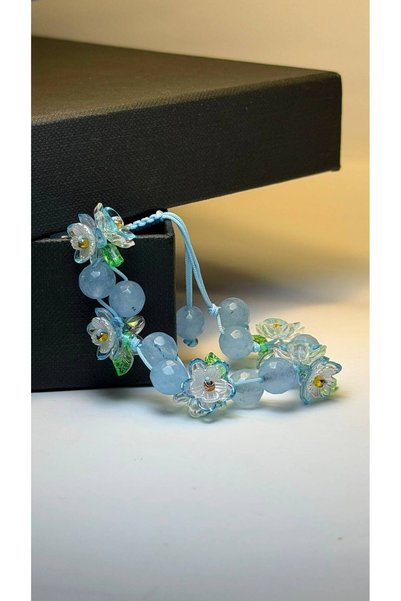 Gioriz Atelier Azure Bloom | El Yapımı Akuamarin ve Çiçek Detaylı Ayarlanabil...
