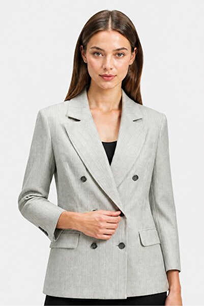 vivere Women Regular Fit Stripe Casual Blazer, Light Grey