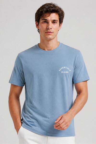 BLANK ESSENTIALS Men Crew Neck Short Sleeve Brand Logo T-Shirt, Slate Blue
