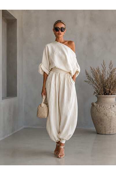 Cristina Serene Γυναικείο Σετ Λινό Look 2 Τεμαχίων με Ασύμμετρη Μπλούζα & Παν...