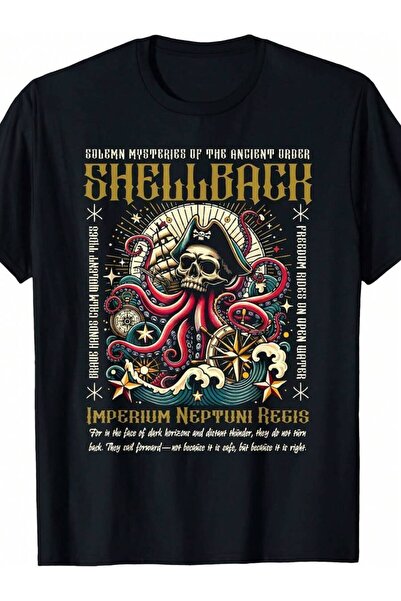 LİNA06 Shellback Equator Crossing Pirate Design T-Shirt| Vintage Crew Neck, S...