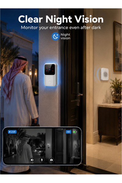 Generica جرس باب ذكي مزود بكاميرا فيديو واي فاي مع جهاز إنذار، تطبيق KEMENT، ...