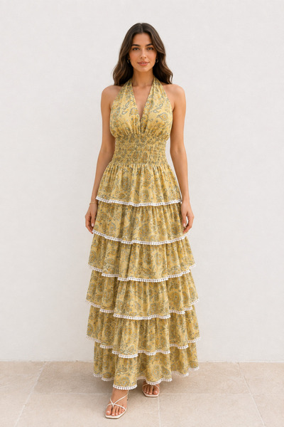 1434 Polo State Women's Yellow Ethnic Patterned Halter Neck Layered Maxi Dress