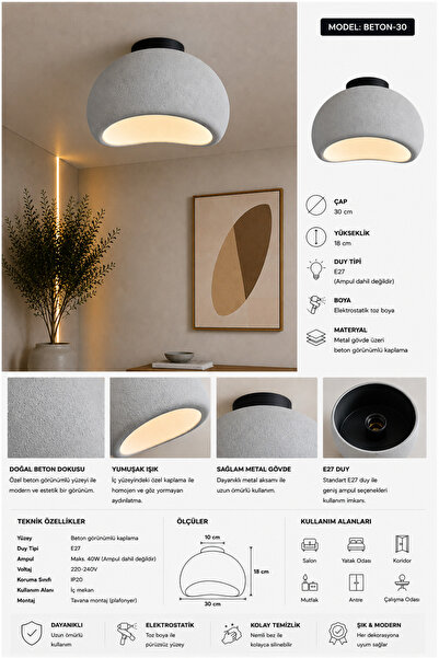 Lambadar Titan Model Premium Beton Dokulu İskandinav Tasarım Plafonyer Gri Avize 30 Cm E27